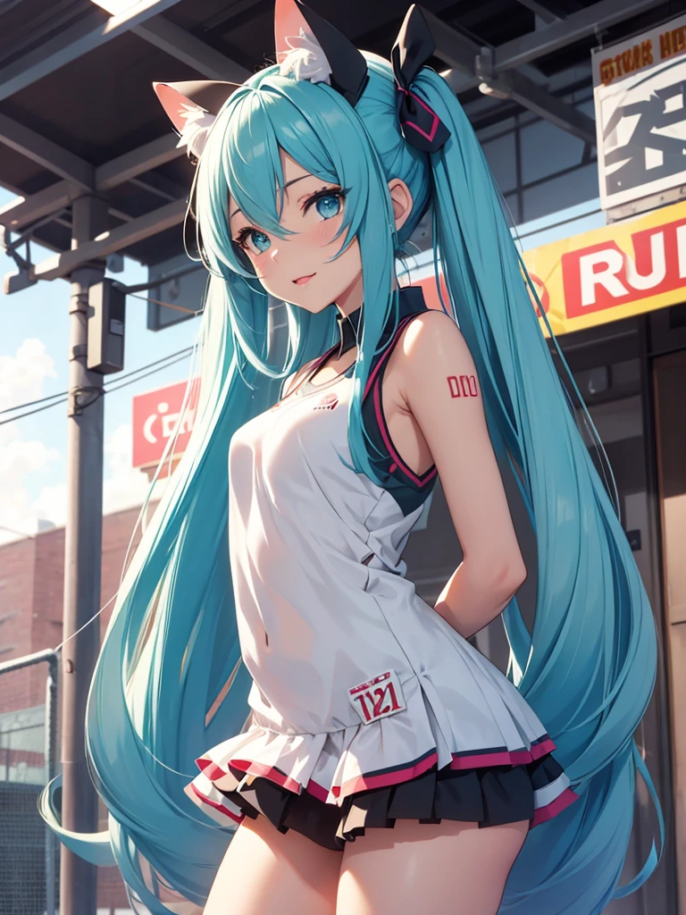 Hatsune Miku, cheerleader, showing the tongue, makeup, cat ears