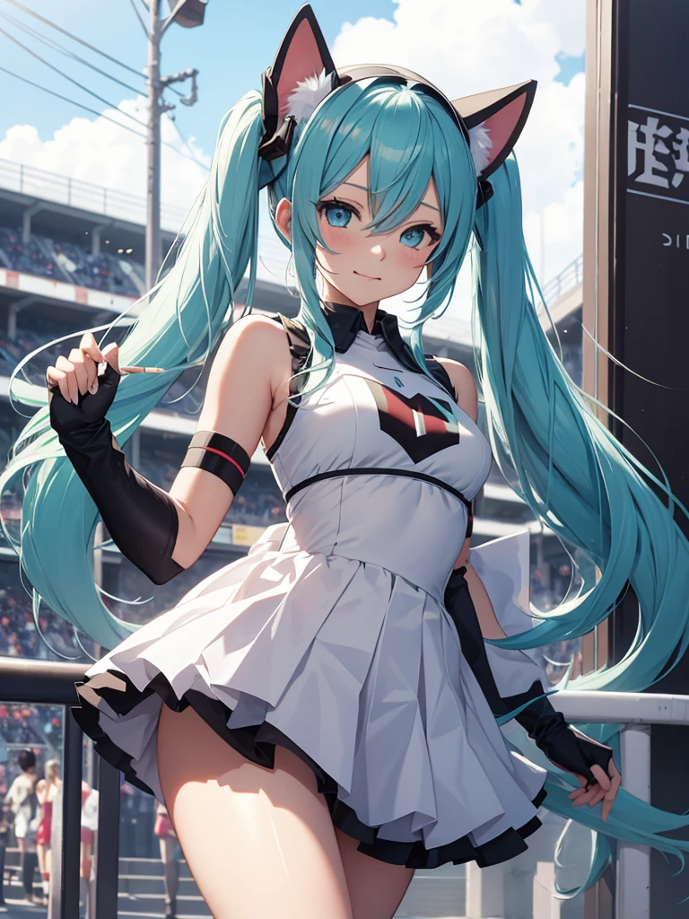 Hatsune Miku, cheerleader, showing the tongue, makeup, cat ears
