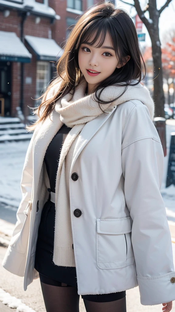 wide pelvis, Creamy smooth skin, (Masterpiece, best quality, high resolution, Extremely detailed, Detailed background, Delicate eyes, Beautiful face:1.2), 1girl huge breasts, Solitary, White hair, Short straight hair, Bangs, Gray eyes, flat chest, Willow Waist, Pale skin, , outdoor, street, winter, snow, , winter uniform, white winter coat, White scarf, bag, Black Legwear, Pantyhose, open mouth, Smile, Happy, View Viewer, Cowboy shooting,