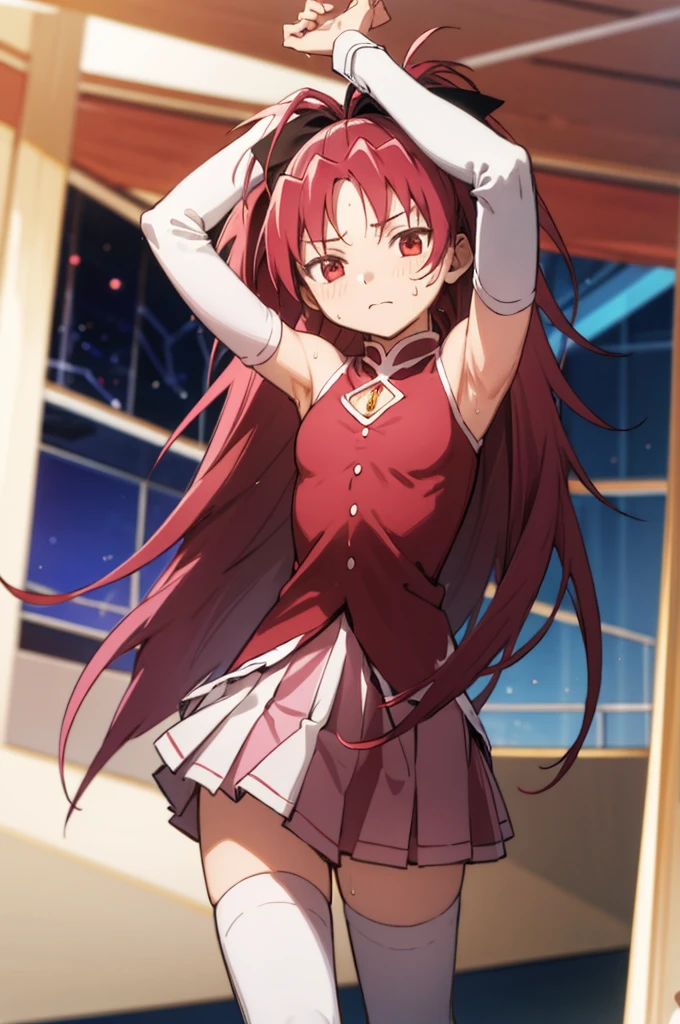 1girl, solo, masterpiece, best quality,
        detached sleeves, mahou shoujo madoka magica, sakura kyouko, kyouko sakura, red eyes, tsurime, red hair, long hair, ponytail, hair bow, black bow, magical girl, dress, red dress, cleavage cutout, sleeveless, sleeveless dress, soul gem, white sleeves, wrist cuffs, small breasts, skirt, pink skirt, pleated skirt, miniskirt, thighhighs, black thighhighs,
        cowboy shot, contrapposto, looking at viewer, arms up, armpits,((Sweating)),indoor
       