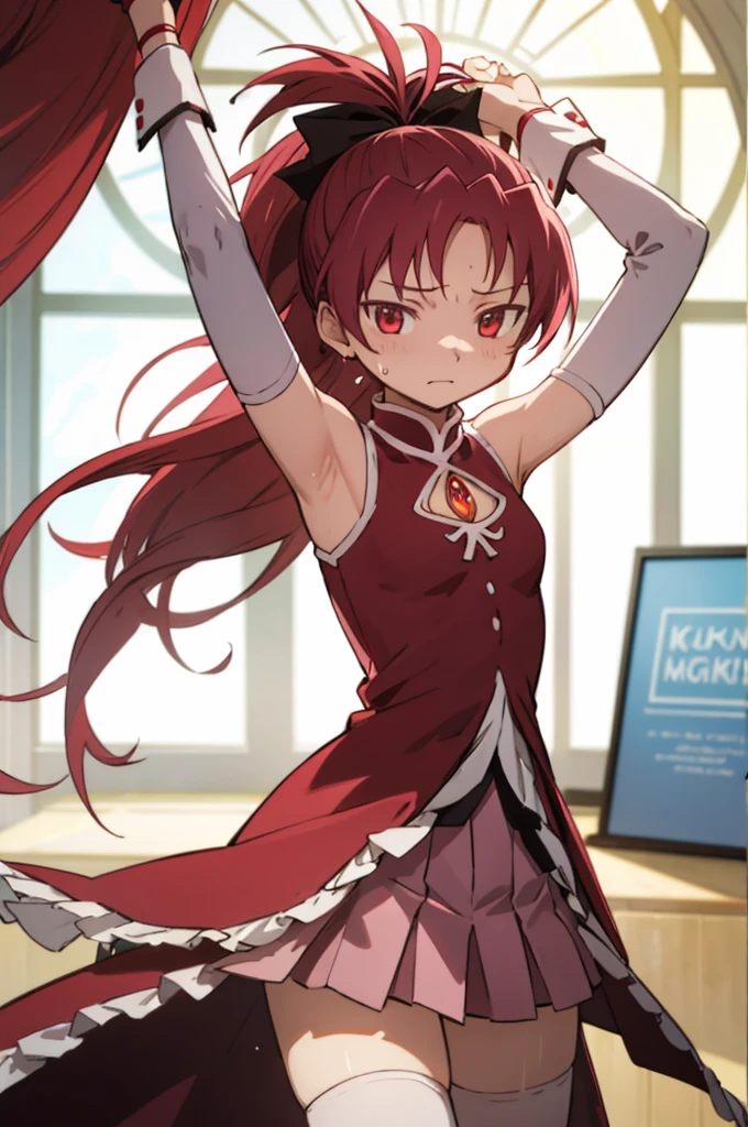 1girl, solo, masterpiece, best quality,
        detached sleeves, mahou shoujo madoka magica, sakura kyouko, kyouko sakura, red eyes, tsurime, red hair, long hair, ponytail, hair bow, black bow, magical girl, dress, red dress, cleavage cutout, sleeveless, sleeveless dress, soul gem, white sleeves, wrist cuffs, small breasts, skirt, pink skirt, pleated skirt, miniskirt, thighhighs, black thighhighs,
        cowboy shot, contrapposto, looking at viewer, arms up, armpits,((Sweating)),indoor
       