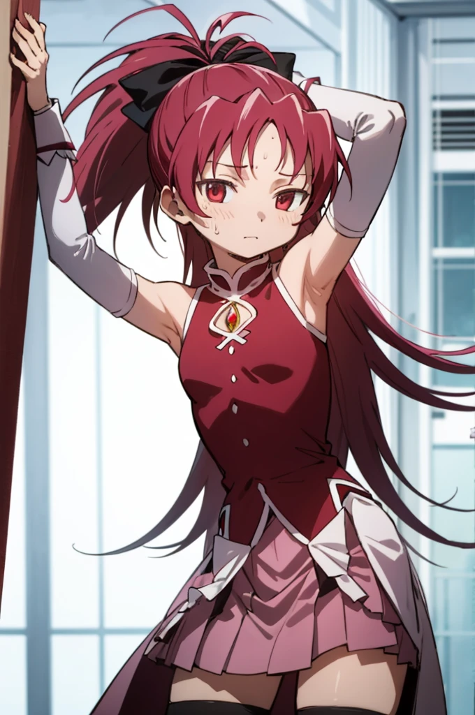 1girl, solo, masterpiece, best quality,
        detached sleeves, mahou shoujo madoka magica, sakura kyouko, kyouko sakura, red eyes, tsurime, red hair, long hair, ponytail, hair bow, black bow, magical girl, dress, red dress, cleavage cutout, sleeveless, sleeveless dress, soul gem, white sleeves, wrist cuffs, small breasts, skirt, pink skirt, pleated skirt, miniskirt, thighhighs, black thighhighs,
        cowboy shot, contrapposto, looking at viewer, arms up, armpits,((Sweating)),indoor
       