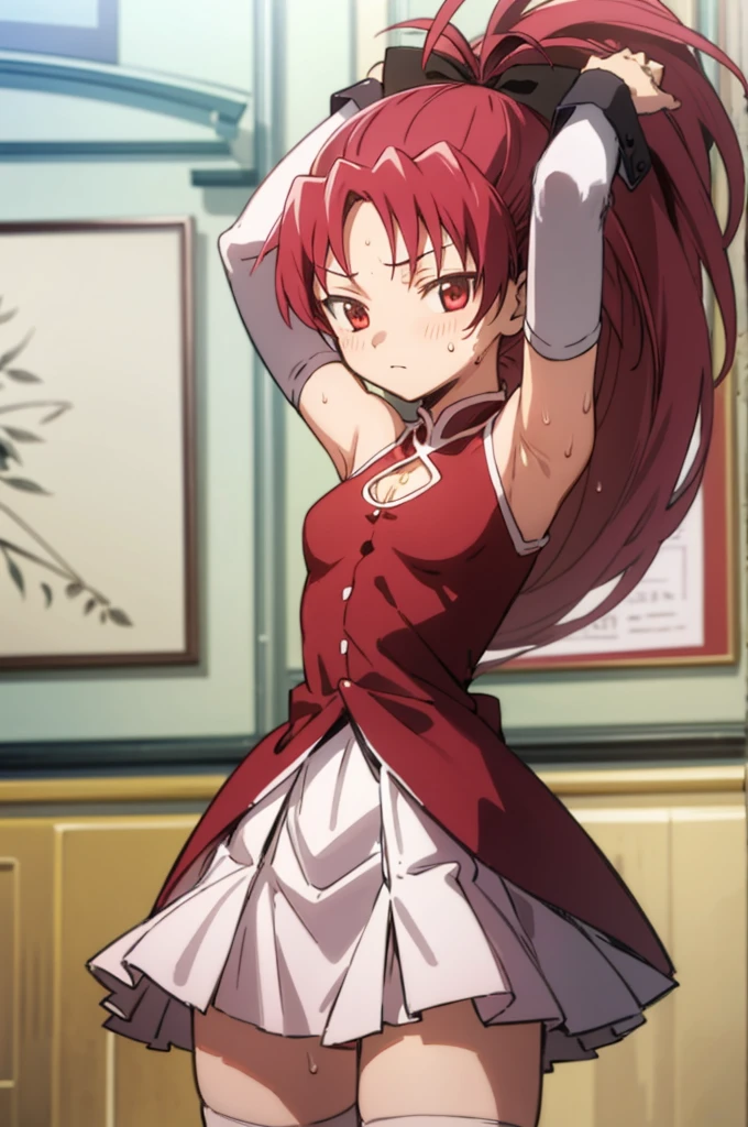 1girl, solo, masterpiece, best quality,
        detached sleeves, mahou shoujo madoka magica, sakura kyouko, kyouko sakura, red eyes, tsurime, red hair, long hair, ponytail, hair bow, black bow, magical girl, dress, red dress, cleavage cutout, sleeveless, sleeveless dress, soul gem, white sleeves, wrist cuffs, small breasts, skirt, pink skirt, pleated skirt, miniskirt, thighhighs, black thighhighs,
        cowboy shot, contrapposto, looking at viewer, arms up, armpits,((Sweating)),indoor
       