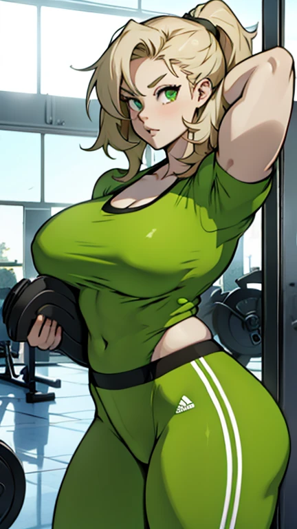 (1 girl muscular) green eyes large breasts pale skin gym suit thick