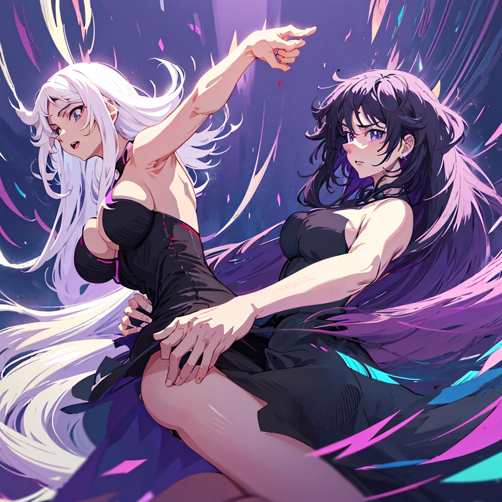 Anime two women a beautiful woman with long slightly wavy white hair bright blue eyes wearing a sexy black dress with black heels dancing with a beautiful woman with long dark purple hair with bright purple eyes wearing a sexy black dress and black heels dancing in a club night