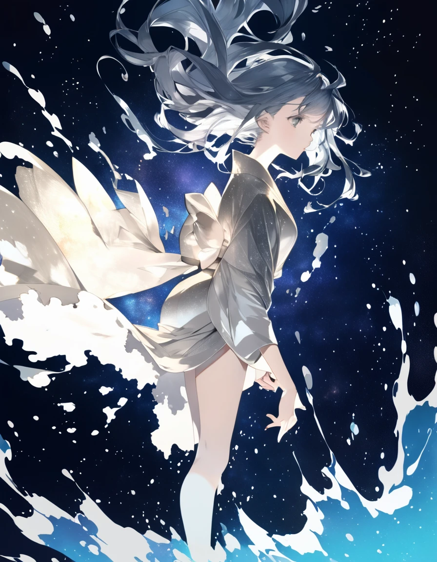 ultra detailed 8K CG:1.3, ultra delicate and detailed face:1.3, (absurdres, texture, masterpiece), fantasy, pop art, pixiv contest winner, by Posuka Demizu, dynamic manga-style illustration of slender girl wearing silver kimono is soaking starry milky way. She is looking forward to see her boyfriend.