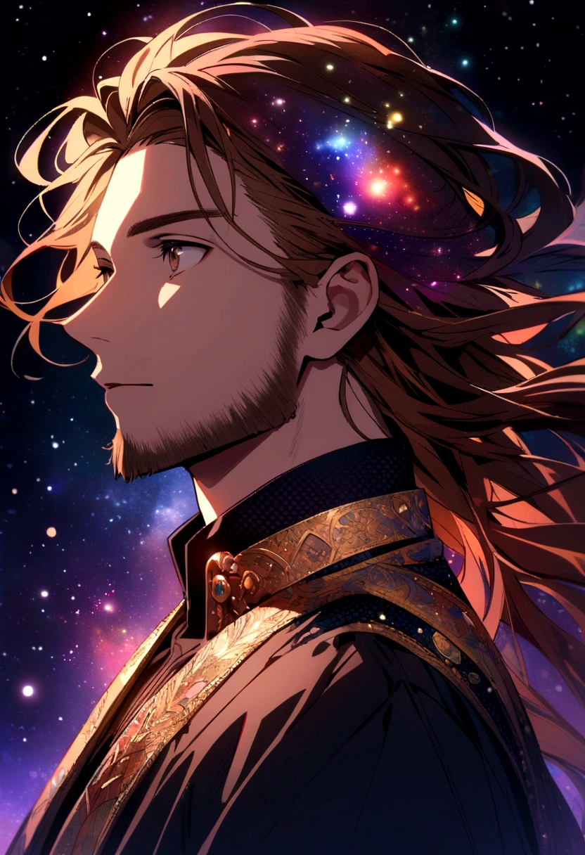 young man with medium brown beard and very long brown hair brown eyes looking at the night sky with bright stars and galaxies of many colors 