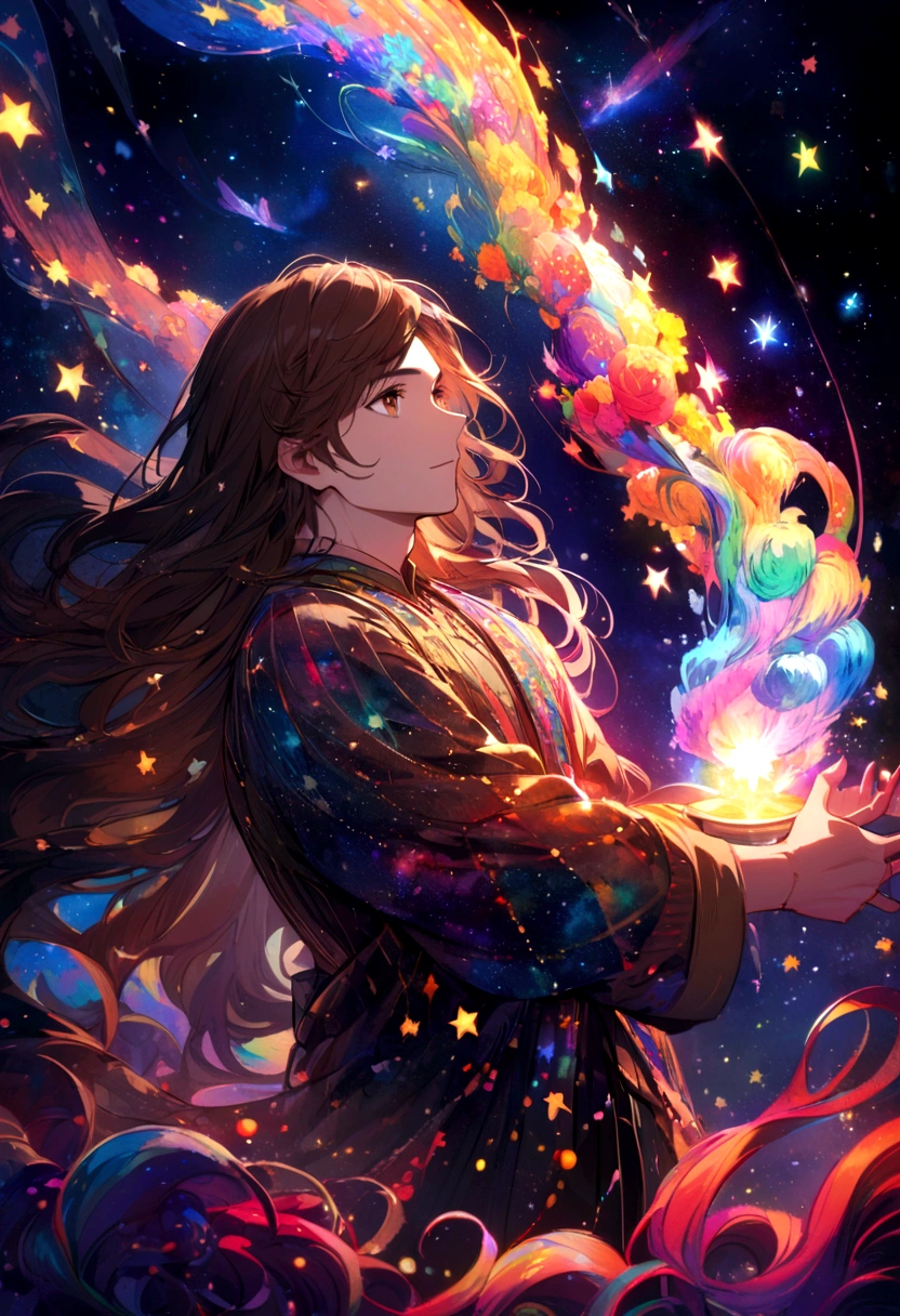 young man with medium brown beard and very long brown hair brown eyes looking at the night sky with bright stars and galaxies of many colors