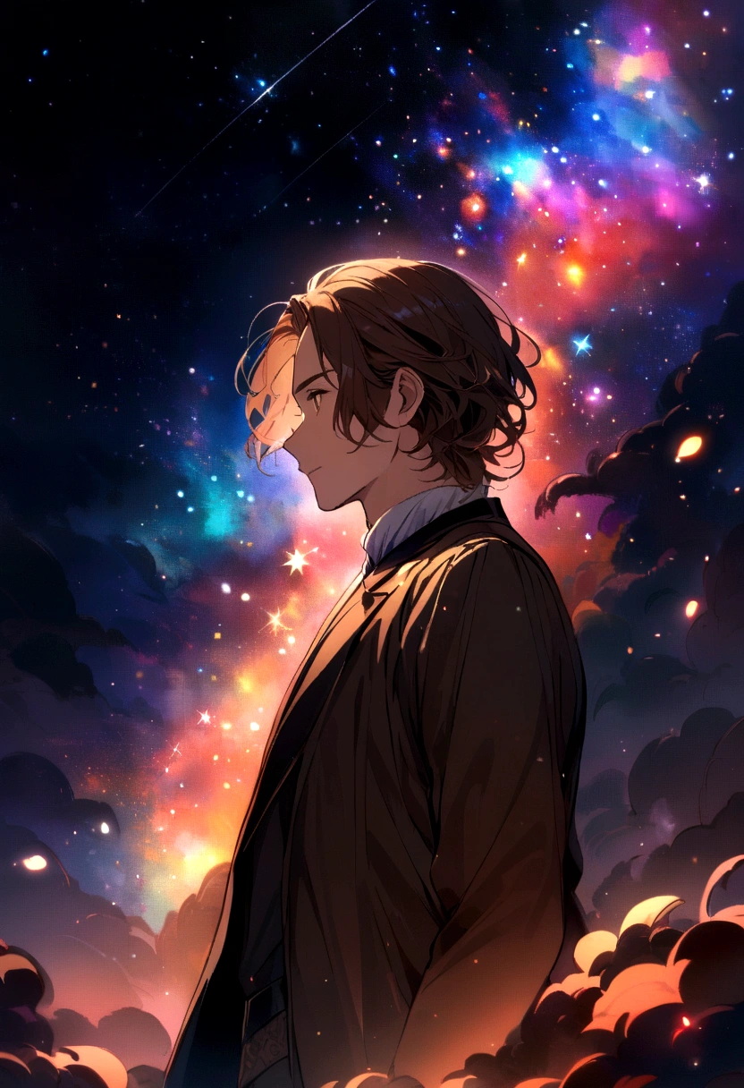 young man with medium brown beard and very long brown hair brown eyes looking at the night sky with bright stars and galaxies of many colors