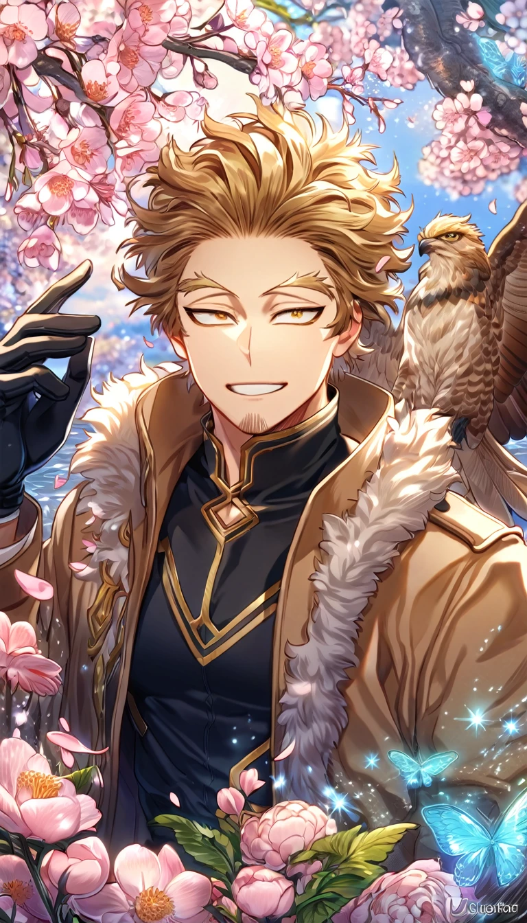 absurdres, highres, ultra detailed, HDR, master piece, Hawks, brown-blond hair, expressive brown-golden eyes, brown coat with fur, faint beard, Boku No Hero Academia, sexy man, handsome, best quality, blossoms, pink petals, pink flowers, water, fantasy, magical, blue shining fireflies, solo, black shirt with patterns, black gloves, handsome smile