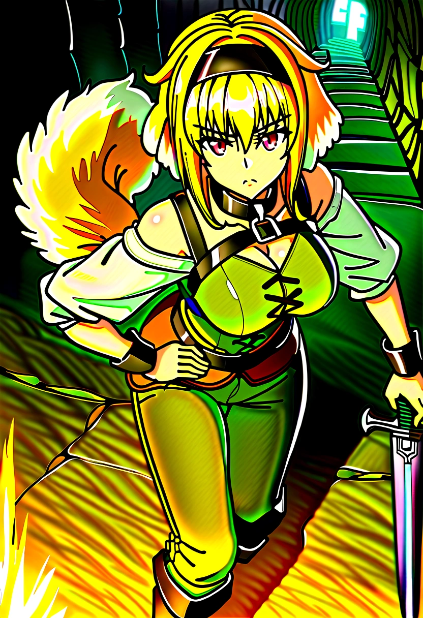 masterpiece, best quality, roxanne, dog ears, black hairband, [[[green hairband]]], collar, off-shoulder shirt, cleavage, green vest, green pants, large breasts, holding sword, ((sword)), ((((charging forward)))), looking at viewer, (((dog tail above butt))), [[[focused]]], [[glaring]], holding weapon, hand on hilt, (((dirt))), (((((dungeon))))), ((maze)), (((medieval))), ((dark)), ((night)), glowing, orbs