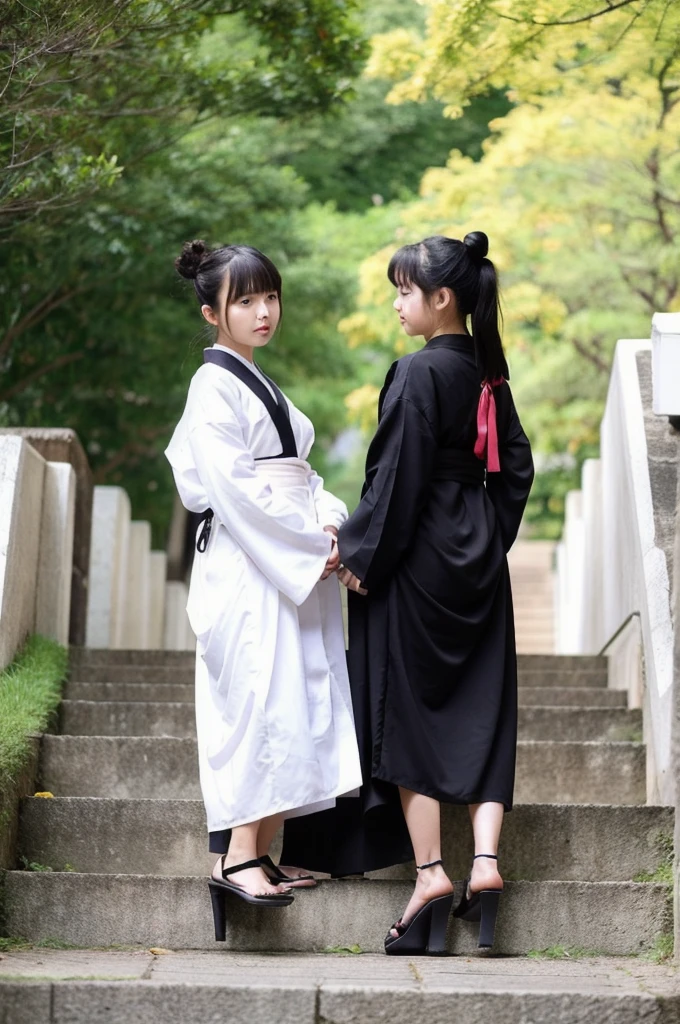 ((Masterpiece, best quality)),2 girls, black kimono, black tights, black ribbon, black hair, cherry blossoms, day, flower, bun, hair ribbon, Japanese clothing, kimono, long hair, looking at viewer, looking back, several girls, obi, outdoors, red eyes, red hair, ribbon, sandals, single bun, stairs, standing, statue, Torii, tree, white kimono, yellow eyes