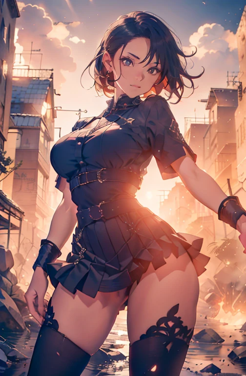 a beautiful woman with radiant eyes, a warm embrace, a bright smile, large full breasts, a mini skirt, black outfit,high quality, 8k, photorealistic, masterpiece, dramatic lighting, cinematic composition, intricate details, alluring expression, elegant pose, graceful movements