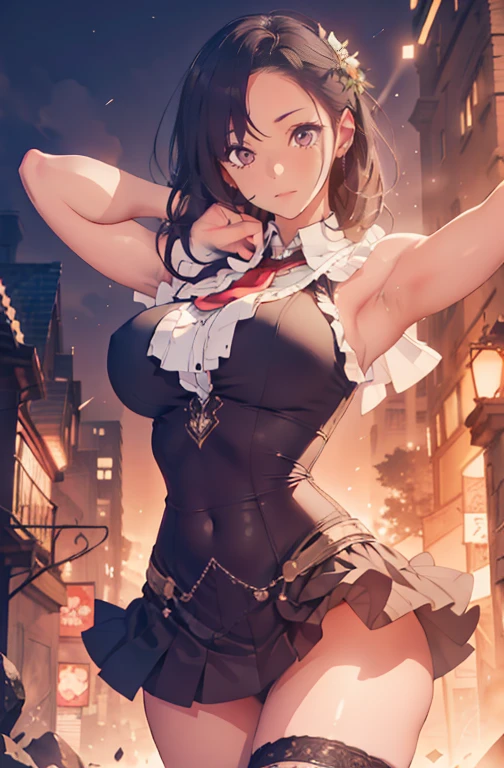 a beautiful woman with radiant eyes, a warm embrace, a bright smile, large full breasts, a mini skirt, black outfit,high quality, 8k, photorealistic, masterpiece, dramatic lighting, cinematic composition, intricate details, alluring expression, elegant pose, graceful movements
