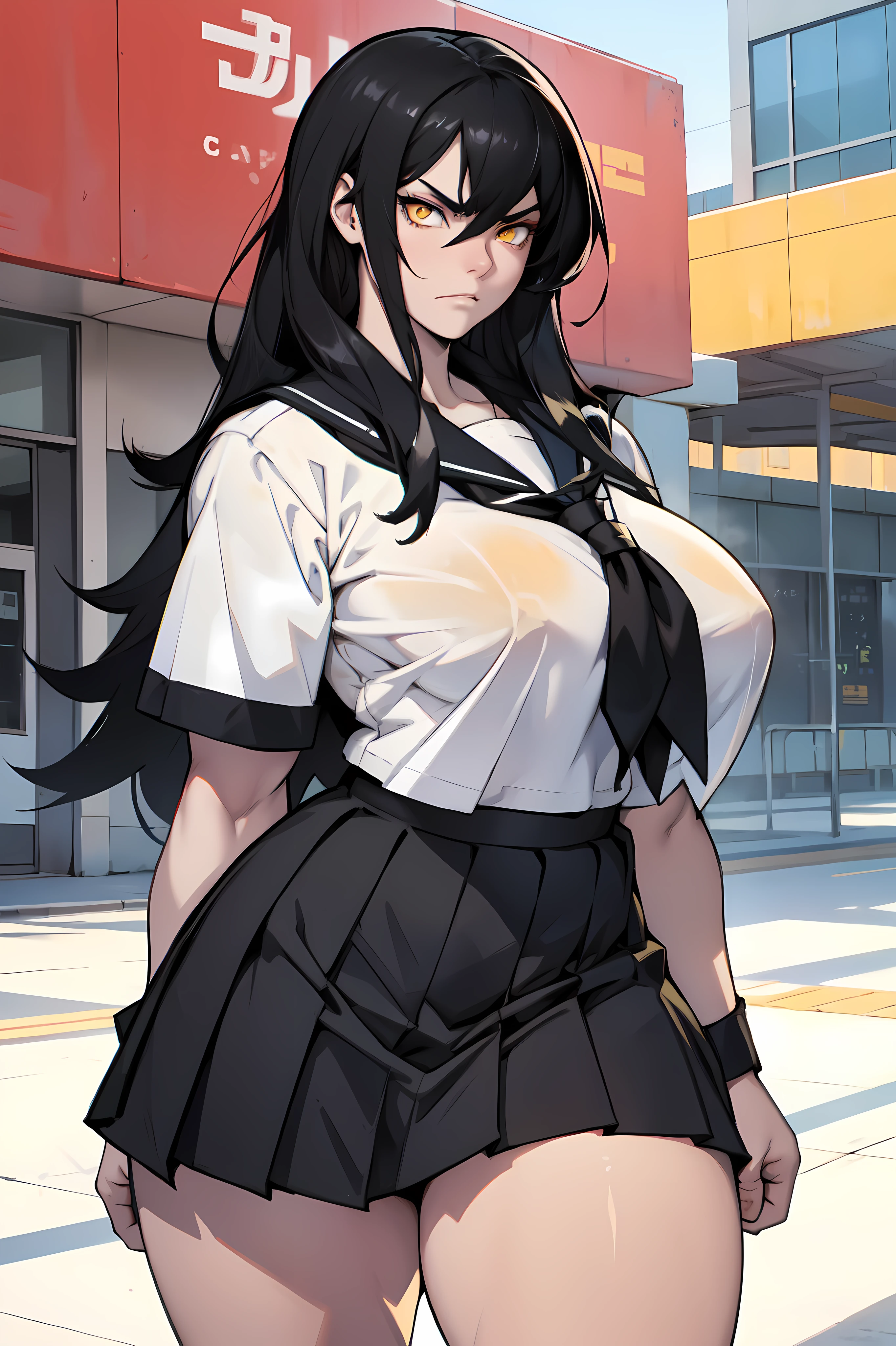 (1girl), black hair, extremely long hair, yellow eyes, ((muscular)), huge breasts, thick thighs, solo, angry, (pale skin), cowboy shot, (school uniform)