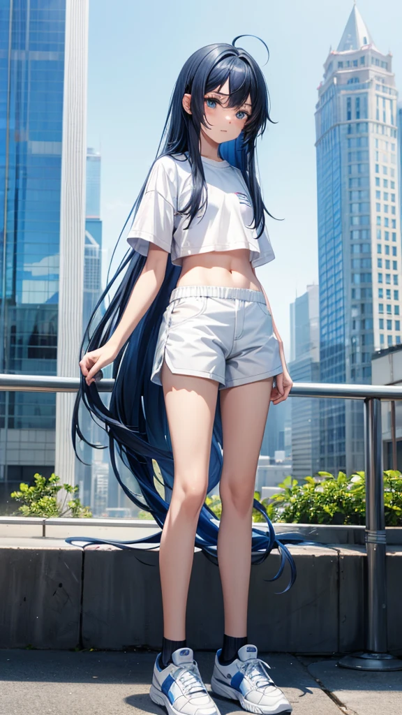 Sissy Boy, blue long hair teen，white shirt，Bare waist，shorts，Thin legs，sports shoes，Standing，Big cities