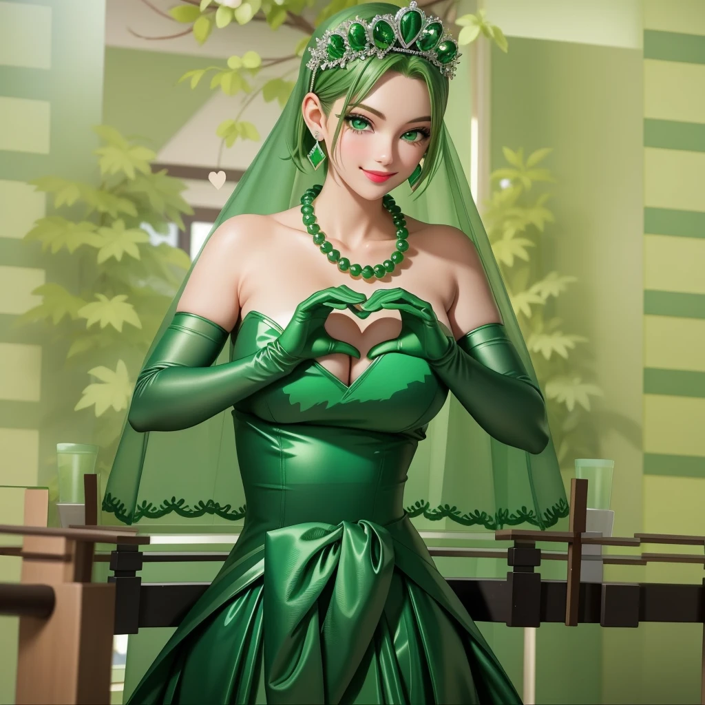 Emerald tiara, Green Pearl Necklace, ボーイッシュな非常に短いGreen Hair, Green Lips, Smiling Japanese woman, Very short hair, Busty beautiful lady, Green Eyes, Green satin long gloves, Green Eyes, Emerald Earrings, Green veil, Heart with both hands, Green Hair, Beautiful Japanese Woman, Heart shaped hands:1.3, green lip gloss