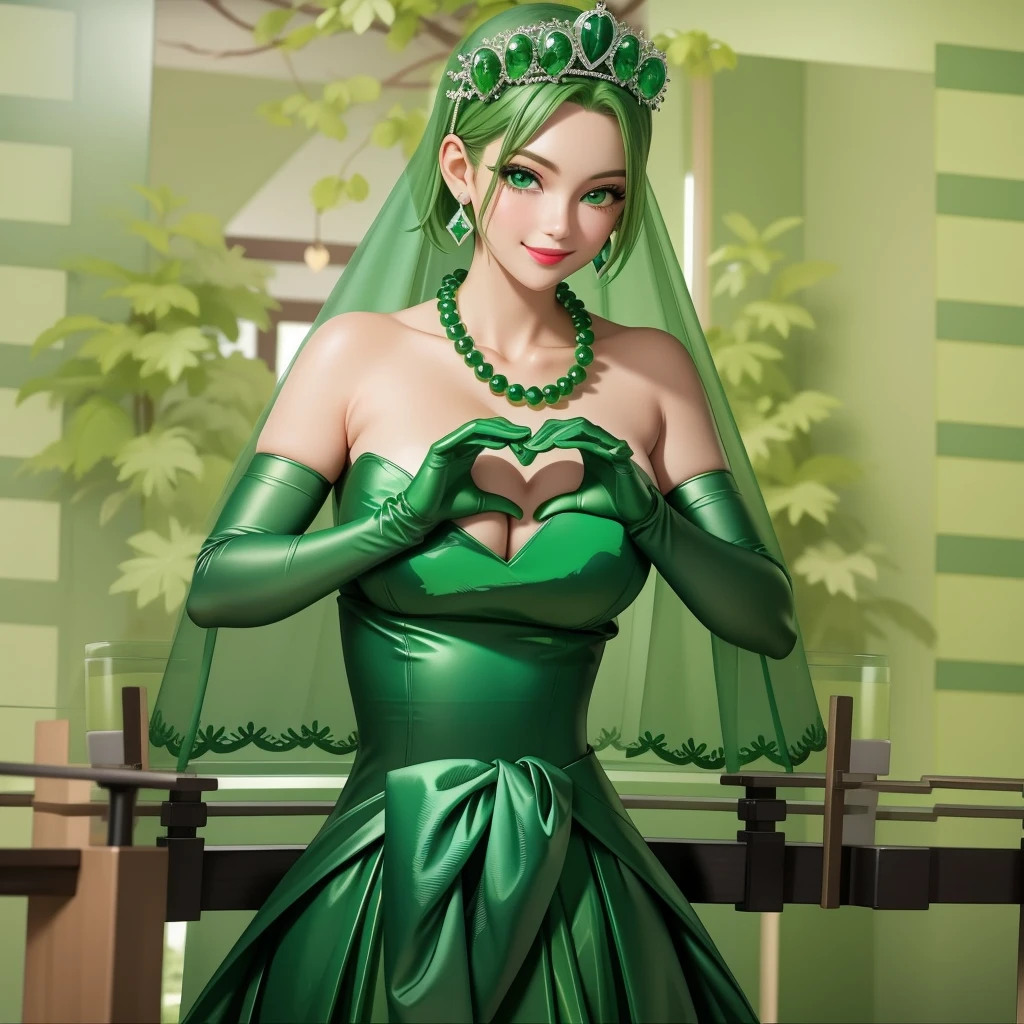 Emerald tiara, Green Pearl Necklace, ボーイッシュな非常に短いGreen Hair, Green Lips, Smiling Japanese woman, Very short hair, Busty beautiful lady, Green Eyes, Green satin long gloves, Green Eyes, Emerald Earrings, Green veil, Heart with both hands, Green Hair, Beautiful Japanese Woman, Heart shaped hands:1.3, green lip gloss