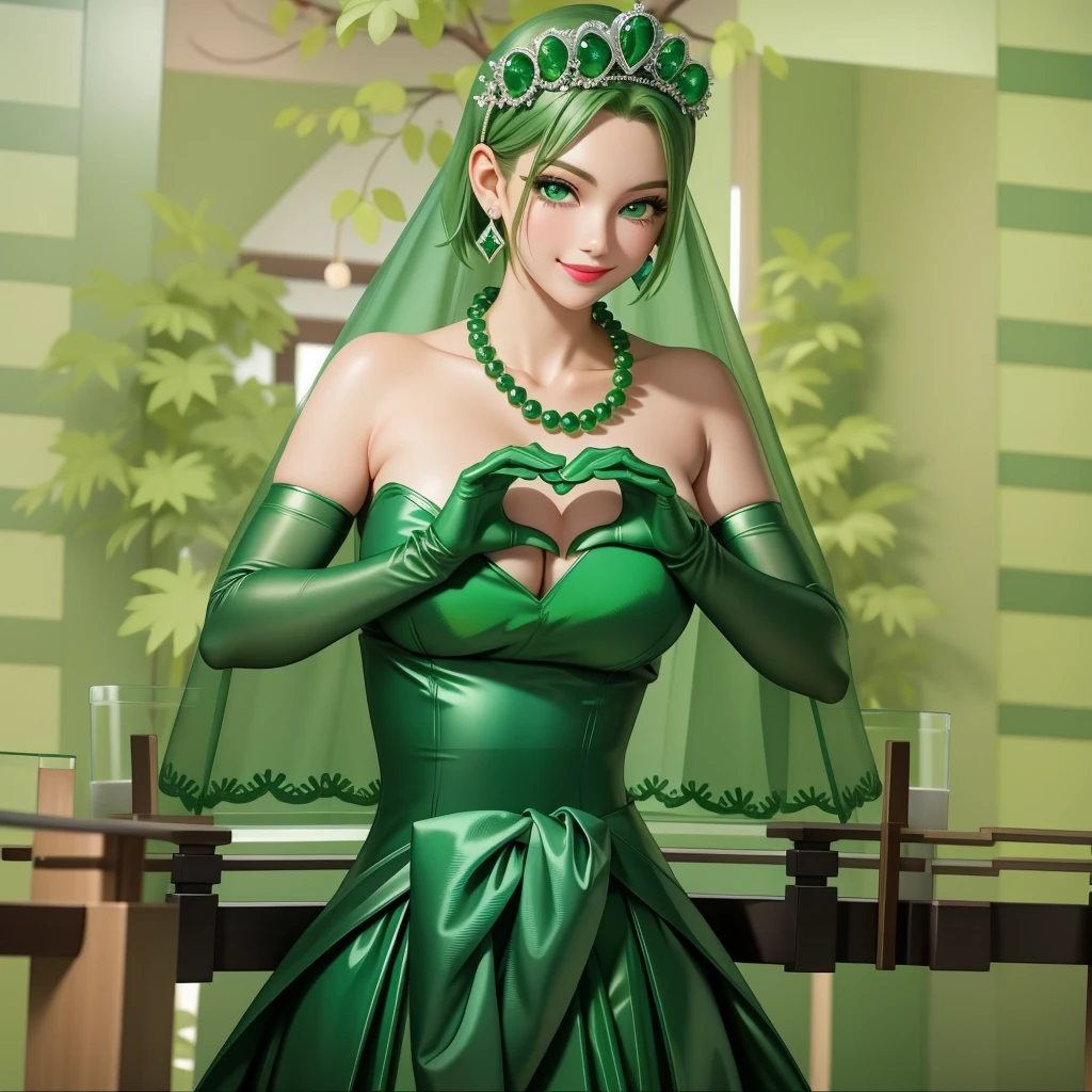 Emerald tiara, Green Pearl Necklace, ボーイッシュな非常に短いGreen Hair, Green Lips, Smiling Japanese woman, Very short hair, Busty beautiful lady, Green Eyes, Green satin long gloves, Green Eyes, Emerald Earrings, Green veil, Heart with both hands, Green Hair, Beautiful Japanese Woman, Heart shaped hands:1.3, green lip gloss