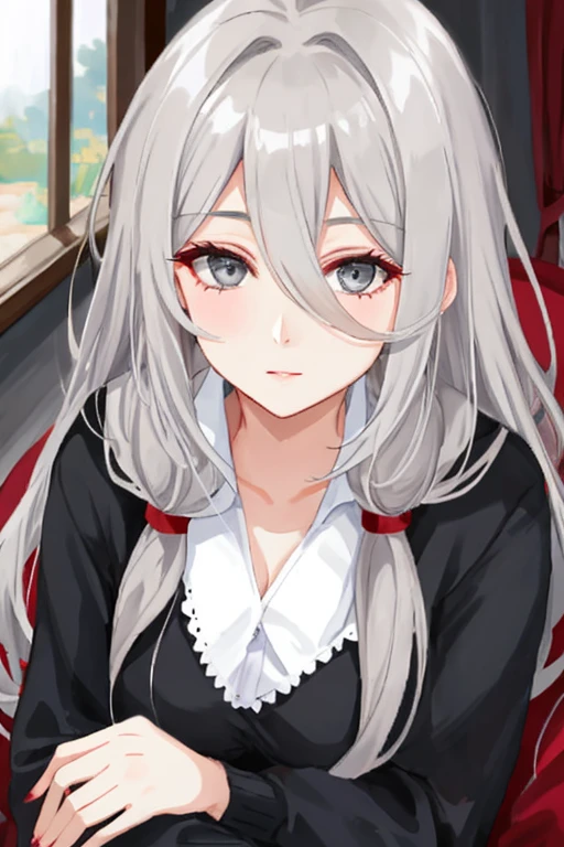 beautiful older woman with long grey hair and dark grey eyes