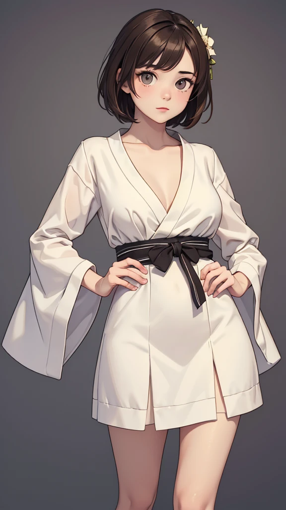 (((masterpiece, best quality, ultra highres, 1 girl, solo, no background))), super detailed skin and face and eyes and finger, beautiful japanese woman, small breasts:1.5, skinny, light brown hair, white background, very short hair, (an illustration of girl), Knee shot, Generate with illustrations, Various expressions, Various poses, Various Costumes, Please draw the entire character within the frame, ensuring that the head, arms, and legs are not cut off. The background should be simple, with the character positioned centrally,