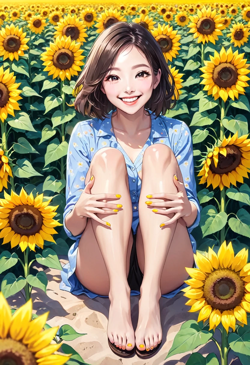 Woman sitting happy in a landscape of sunflowers showing her toenails and hands