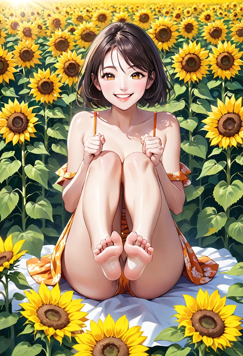 Woman sitting happy in a landscape of sunflowers showing her toenails and hands