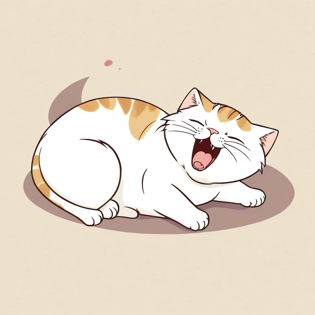 Anthropomorphic cute cat, narrow eyes, lying down and yawning loudly, one stroke, Japanese style animation touch, high image quality