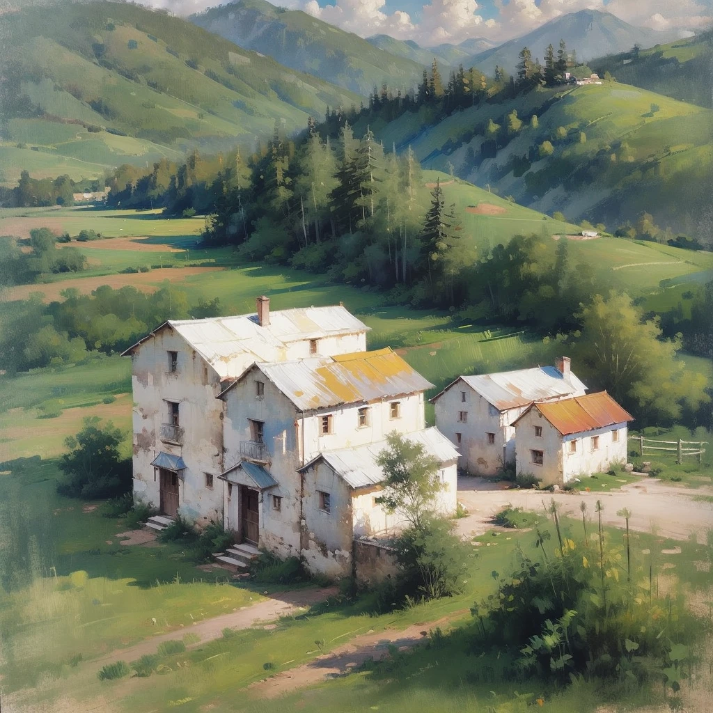 Mountain Landscape Print | Vintage oil painting, (OLD FARM HOUSE) AERIAL VIEW OF MINAS GERAIS