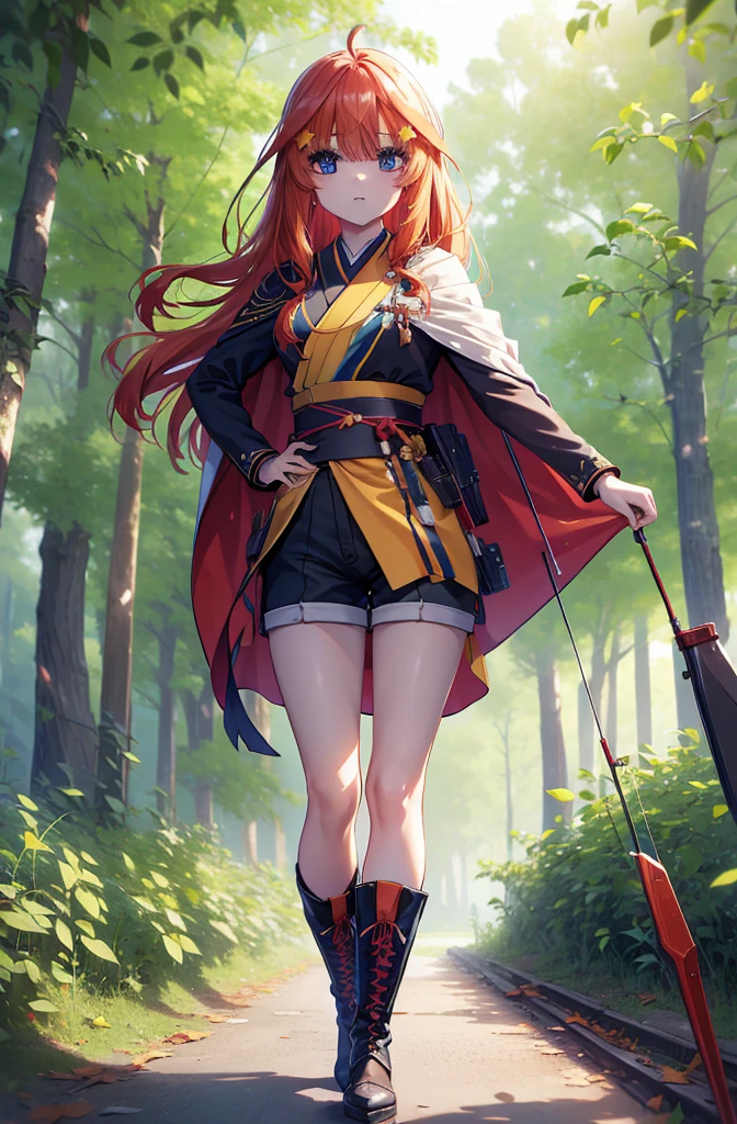 itsukinakano, itsuki nakano, bangs, blue eyes, Hair between the eyes, Redhead, star \(symbol\), hair ornaments, star hair ornaments,Long Hair,Carrying an archery bag,He has a quiver on one side, boots, Cape,gloves, red Knee socks, High heels, Shorts, Knee socks,whole bodyがイラストの中に入っていくように,歩いている
break outdoors, forest,forest林, break looking at viewer,whole body, 
break (masterpiece:1.2), Highest quality, High resolution, unity 8k wallpaper, (shape:0.8), (Fine and beautiful eyes:1.6), Highly detailed face, Perfect lighting, Highly detailed CG, (Perfect hands, Perfect Anatomy),