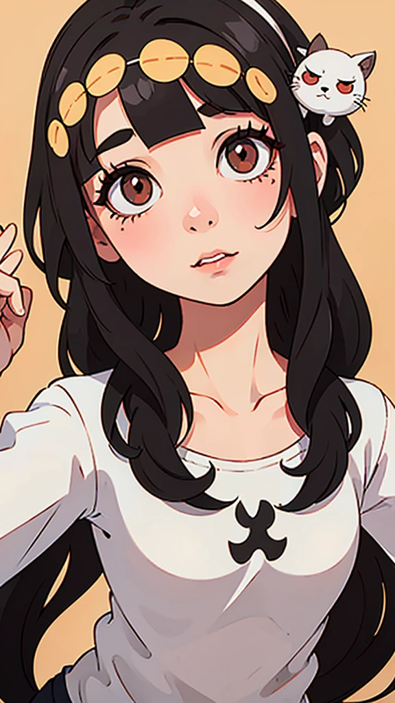 create an image of a woman with black hair and a little string and marou eyes...and a Siamese cat