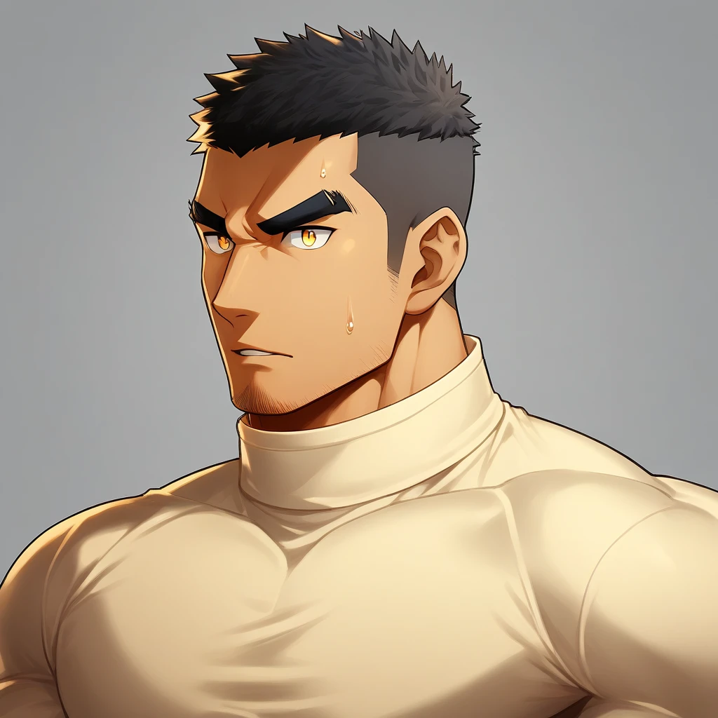 anime characters:Gyee, Deep black skin, Muscle Sports Student, 1 muscular tough guy, Manliness, male focus, Close-up of the side, Light yellow high collar long sleeve tight T-shirt, Very tight, The clothes were soaked with sweat, The pectoral muscles are oversized, Slightly transparent, muscular male, muscular, only, Upper body, alone, Black short hair, Thick eyebrows, stubble, Yellow eyes, Grey background, simple background, amazing quality, best aesthetics, Ridiculous, bright pupils, crew cut, parted lips, v-shaped eyebrows, jitome, disdain, drop shadow, best quality