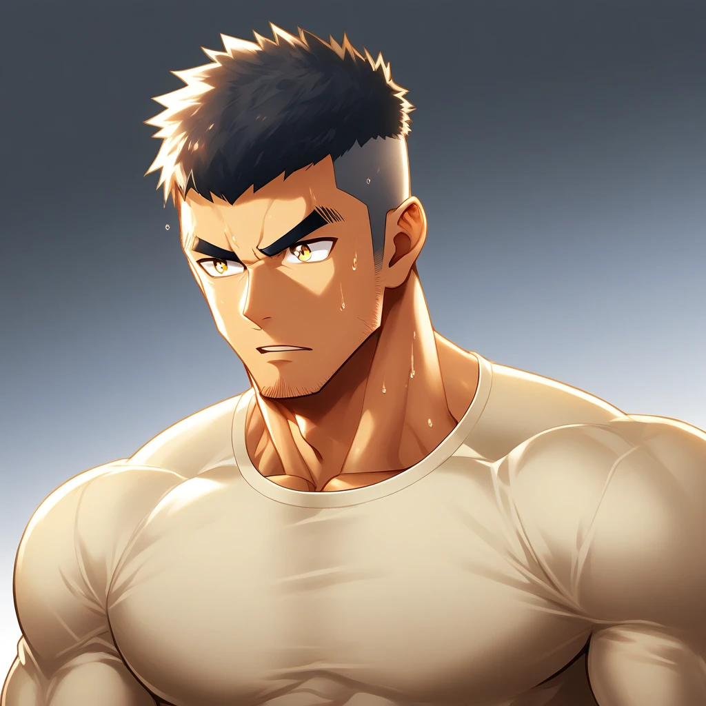 anime characters：Gyee,  Deep black skin, Muscle Sports Student, 1 muscular tough guy, Manliness, male focus, Close-up of the side, Light yellow high collar long sleeve tight T-shirt, Very tight, The clothes were soaked with sweat, The pectoral muscles are oversized, Slightly transparent, muscular male, muscular, only, Upper body, alone, Black short hair, Thick eyebrows, stubble, Yellow eyes, Grey background, simple background, amazing quality, best aesthetics, Ridiculous, bright pupils, crew cut, parted lips, v-shaped eyebrows, jitome, disdain, drop shadow, best quality
