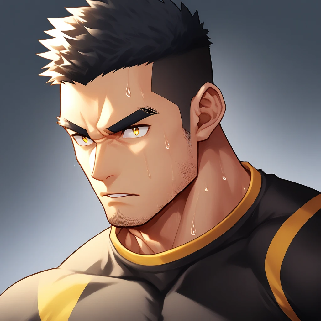 anime characters：Gyee,  Deep black skin, Muscle Sports Student, 1 muscular tough guy, Manliness, male focus, Close-up of the side, Light yellow high collar long sleeve tight T-shirt, Very tight, The clothes were soaked with sweat, The pectoral muscles are oversized, Slightly transparent, muscular male, muscular, only, Upper body, alone, Black short hair, Thick eyebrows, stubble, Yellow eyes, Grey background, simple background, amazing quality, best aesthetics, Ridiculous, bright pupils, crew cut, parted lips, v-shaped eyebrows, jitome, disdain, drop shadow, best quality