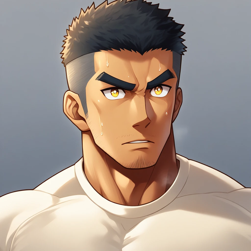 anime characters:Gyee, Deep black skin, Muscle Sports Student, 1 muscular tough guy, Manliness, male focus, Close-up of the side, Light yellow high collar long sleeve tight T-shirt, Very tight, The clothes were soaked with sweat, The pectoral muscles are oversized, Slightly transparent, muscular male, muscular, only, Upper body, alone, Black short hair, Thick eyebrows, stubble, Yellow eyes, Grey background, simple background, amazing quality, best aesthetics, Ridiculous, bright pupils, crew cut, parted lips, v-shaped eyebrows, jitome, disdain, drop shadow, best quality
