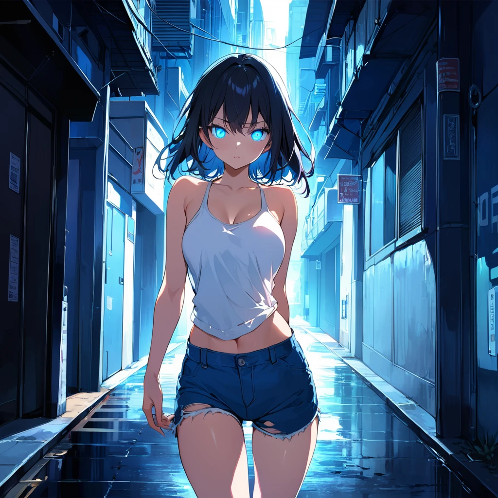 16K, High resolution, RTTX10.0, Ray Tracing, Natural light, Absurd, Top quality masterpiece, Perfect anatomy and highly detailed face, fine grain, One Girl, alone, , White tank top, (((Torn blue shorts))), 自然A pose, Beautiful Hair, so beautiful, Edgy, Nice, the wind is strong, Glowing Eyes, In the back alleys of a big city at night, it's raining, Detailed Background, Awards, Neon Light, It was a hot topic on Art Station., Intense movement, color々A pose, (((Singing while playing electric guitar))), Concentrated on the music
