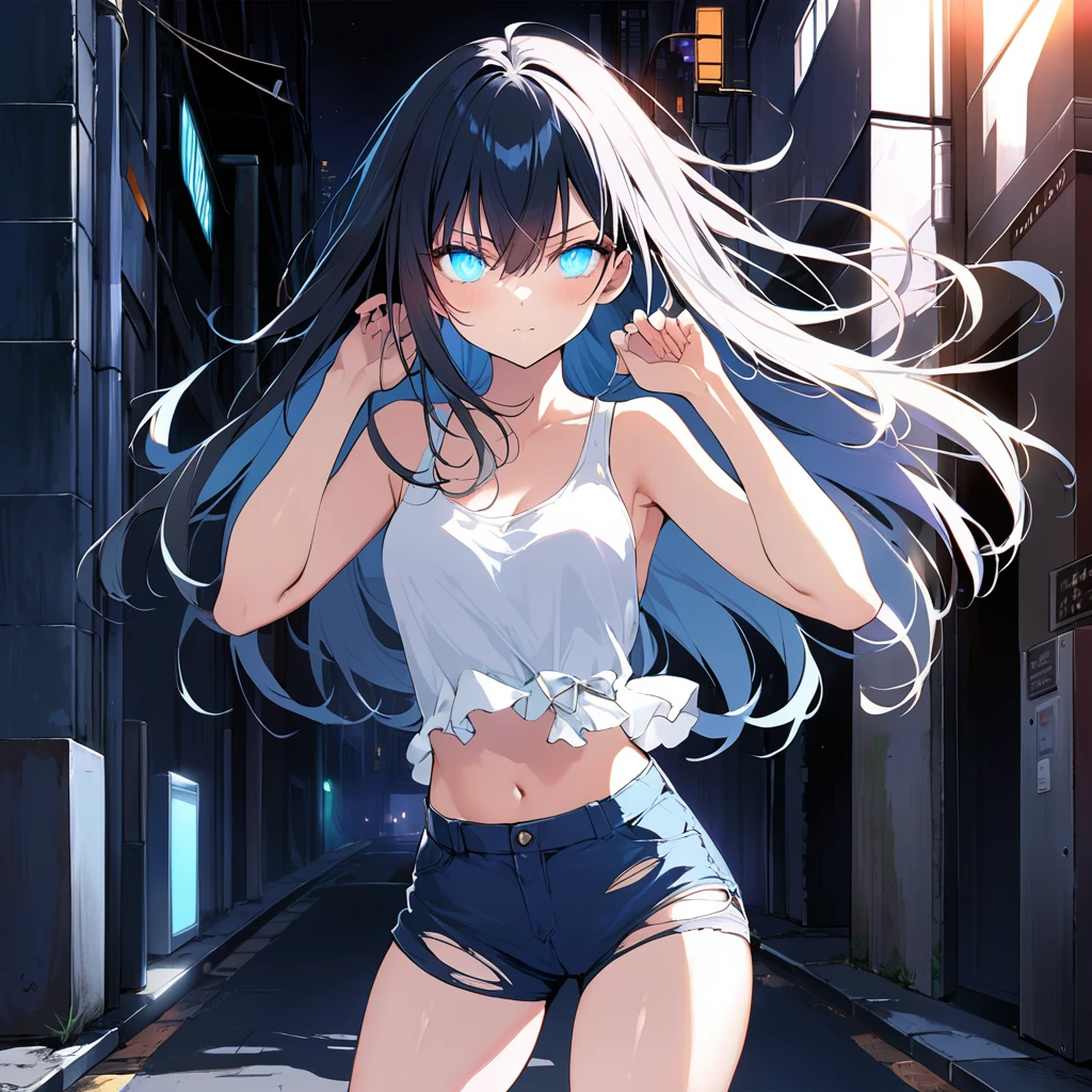 16K, High resolution, RTTX10.0, Ray Tracing, Natural light, Absurd, Top quality masterpiece, Perfect anatomy and highly detailed face, fine grain, One Girl, alone, , White tank top, (((Torn blue shorts))), 自然A pose, Beautiful Hair, so beautiful, Edgy, Nice, the wind is strong, Glowing Eyes, In the back alleys of a big city at night, it's raining, Detailed Background, Awards, Neon Light, It was a hot topic on Art Station., Intense movement, color々A pose, (((Singing while playing electric guitar))), Concentrated on the music