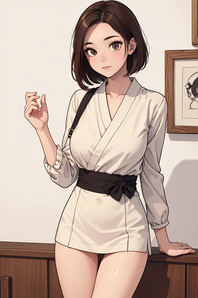 (((masterpiece, best quality, ultra highres, 1 girl, solo, no background))), super detailed skin and face and eyes and finger, beautiful japanese woman, small breasts:1.5, skinny, light brown hair, white background, very short hair, (an illustration of girl), Knee shot, Generate with illustrations, Various expressions, Various poses, Various Costumes, Please draw the entire character within the frame, ensuring that the head, arms, and legs are not cut off. The background should be simple, with the character positioned centrally,