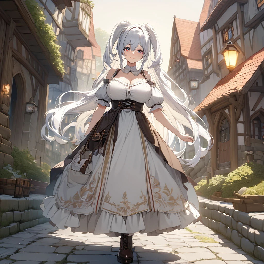 A woman wearing traditional dirndl dress, silver hair, long hair, pigtail hair, red eye, blue eye, multicolored eyes, big breasts, smiling, walking on a stone walkway in medieval style, city in traditional German aesthetic, some trees on site, traditional lamps..UHD , prime work , accurate , anatomically correct , textured skin , super details , high quality , best quality, 8k, high resolution, bokeh effect. (woman alone)
