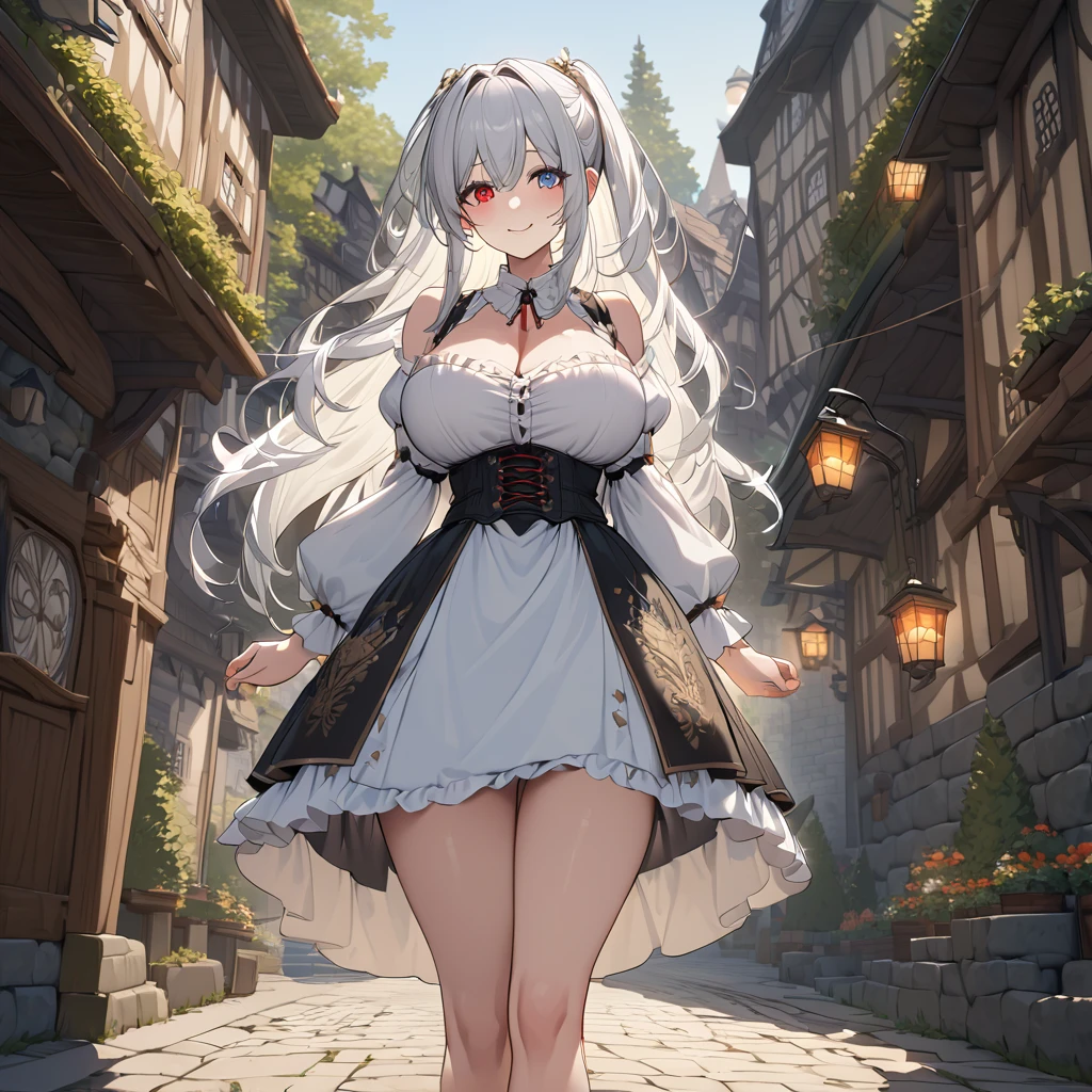 A woman wearing traditional dirndl dress, silver hair, long hair, pigtail hair, red eye, blue eye, multicolored eyes, big breasts, smiling, walking on a stone walkway in medieval style, city in traditional German aesthetic, some trees on site, traditional lamps..UHD , prime work , accurate , anatomically correct , textured skin , super details , high quality , best quality, 8k, high resolution, bokeh effect. (woman alone)
