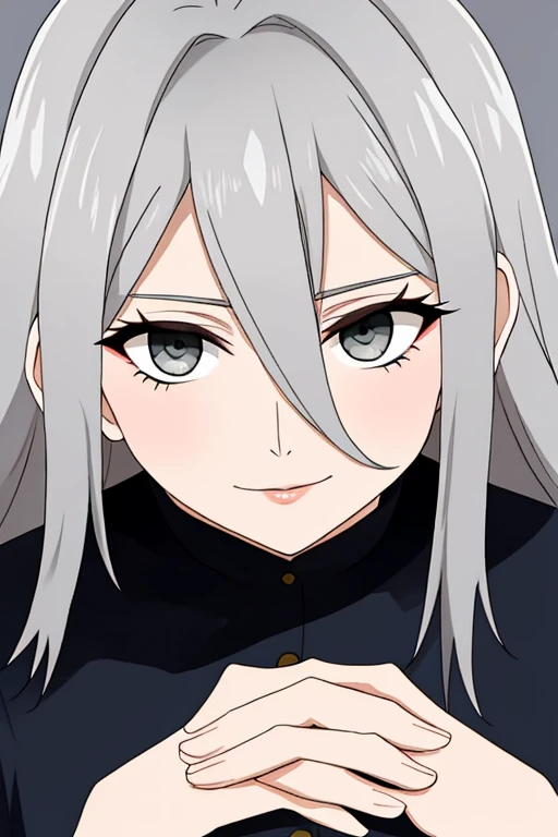 beautiful older woman with long grey hair and dark grey eyes