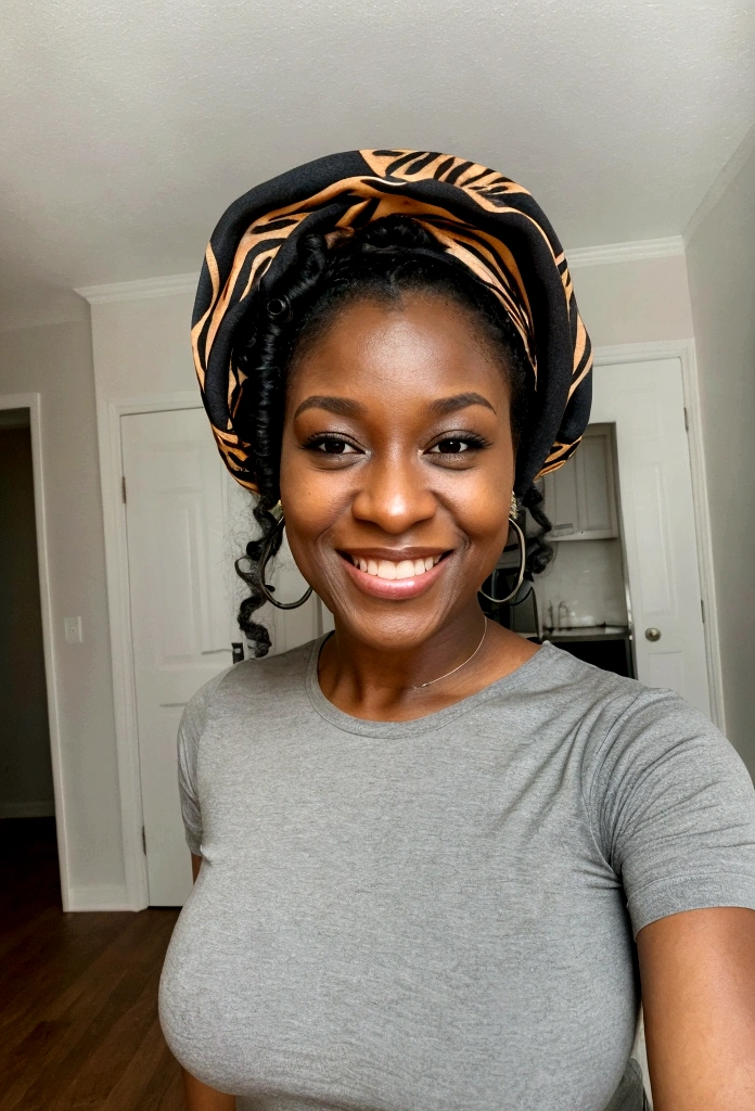 selfie of a black lady smiling at the camera , curly hair , wearing tiger bandana on her head , and grey top , with huge tits , high definition quality 4k .
