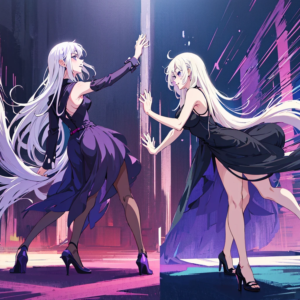  Anime two women a beautiful woman with long slightly wavy white hair bright blue eyes wearing a sexy black dress with black heels dancing with a beautiful woman with long dark purple hair with bright purple eyes wearing a sexy black dress and black heels dancing in a club night