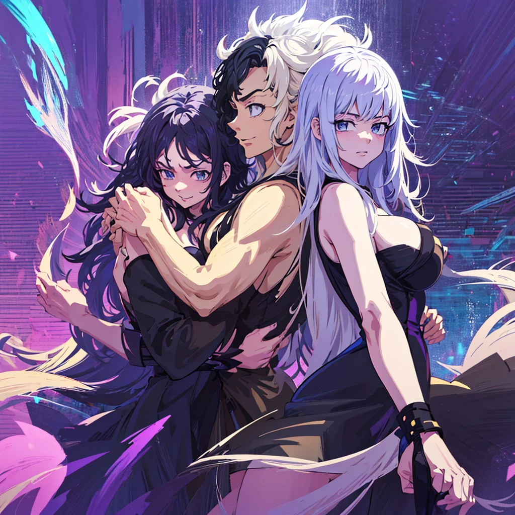 Anime two women a beautiful woman with long slightly wavy white hair bright blue eyes wearing a sexy black dress with black heels dancing with a beautiful woman with long dark purple hair with bright purple eyes wearing a sexy black dress and black heels dancing in a club night