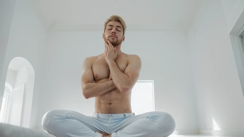 A blonde man with short hair and a trimmed beard, in a meditation position with his eyes closed and his hands in a prayer position. He is wearing light blue pants and no shirt, with a defined abdomen. The image should be a full-body shot in a meditation position, very realistic, in an all-white temple with a white floor, white stone walls, white ceiling, and white columns.