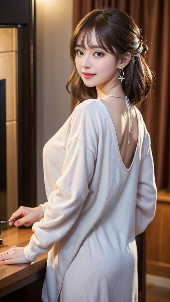 1 girl, Silver Hair, Brown hair, Dull bangs, Floating hair, Long hair, Fireplace awning, Eye of Water, Shining eyes, Long eyelashes, earrings, compensate, Smile, Open your mouth, Written border depth, First person perspective, From behind, from the side, upside down, F/1.8, 135 mm, Canon, 超HD, Retina, masterpiece, precise, Anatomically correct, Rough skin, Very detailed, Advanced Details, high quality, 最high quality, high resolution, 1080P, HD, 4K, 8K