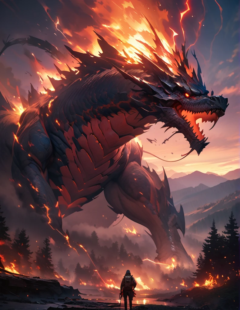 quality(8k wallpaper of extremely detailed CG unit, ​masterpiece, hight resolution, top-quality, top-quality ,hyper realisitic, digitial painting,increase the resolution,RAW photos，best qualtiy,highly detailed,the wallpaper),BREAK,8K, Gigantic dragon , night, hills , big trees, flames, lightning 