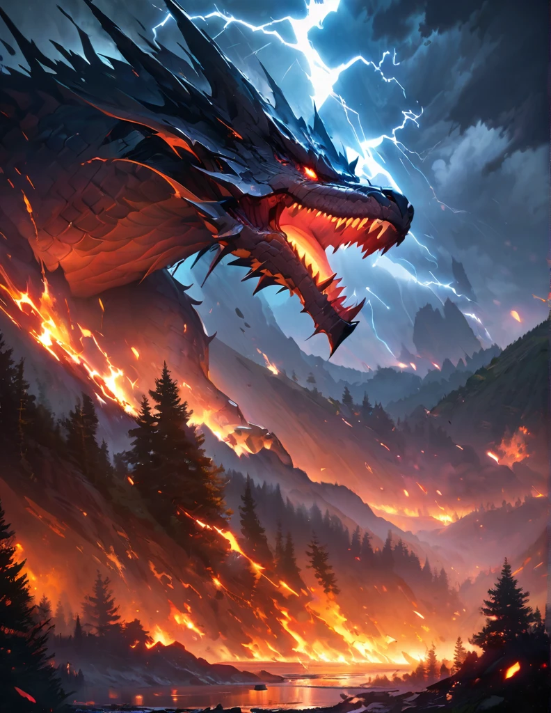 quality(8k wallpaper of extremely detailed CG unit, masterpiece, hight resolution, top-quality, top-quality ,hyper realisitic, digitial painting,increase the resolution,RAW photos,best qualtiy,highly detailed,the wallpaper),BREAK,8K, Gigantic dragon , night, hills , big trees, flames, lightning