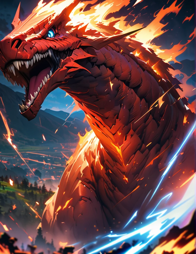 quality(8k wallpaper of extremely detailed CG unit, masterpiece, hight resolution, top-quality, top-quality ,hyper realisitic, digitial painting,increase the resolution,RAW photos,best qualtiy,highly detailed,the wallpaper),BREAK,8K, Gigantic dragon , night, hills , big trees, flames, lightning