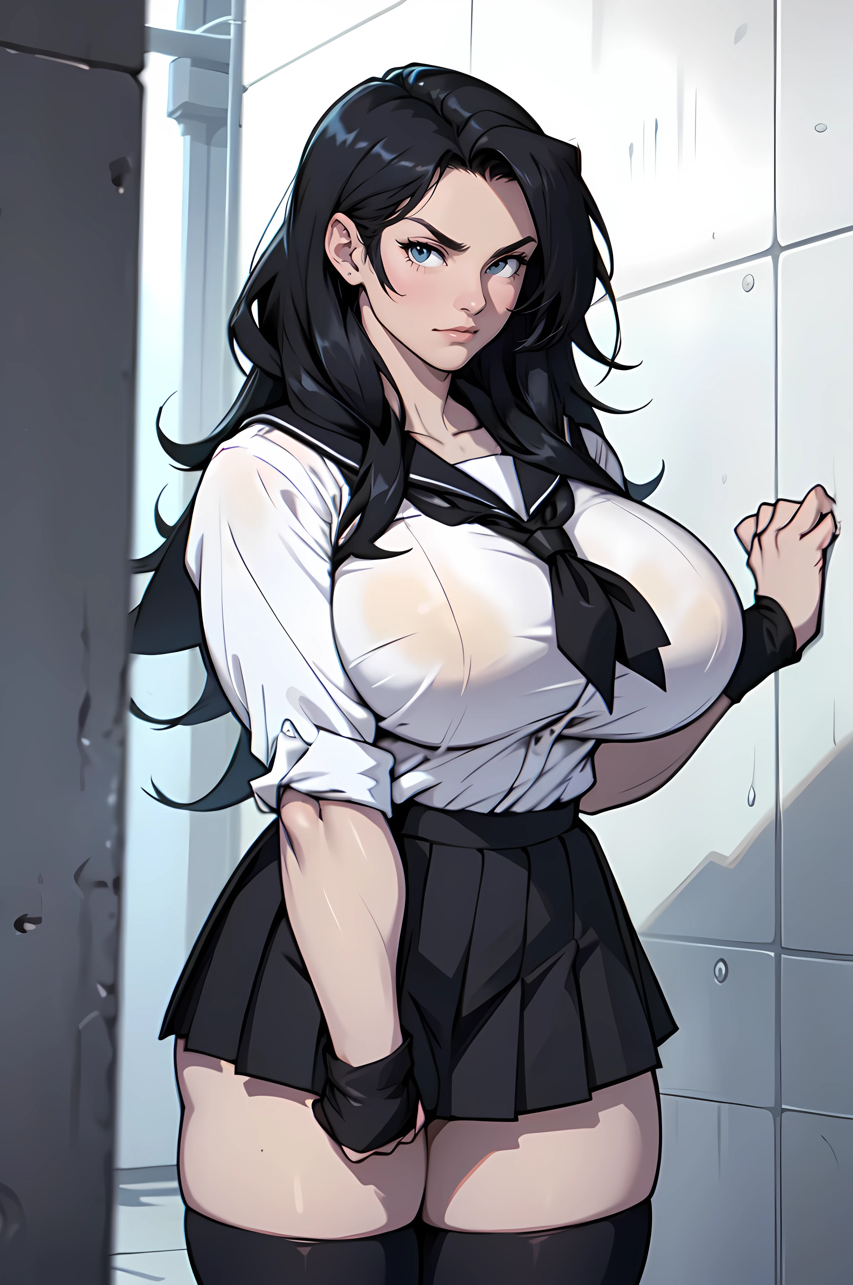 (1girl), black hair, extremely long hair, yellow eyes, ((muscular)), huge breasts:1.9, thick thighs, solo, angry, (pale skin), cowboy shot, (school uniform)